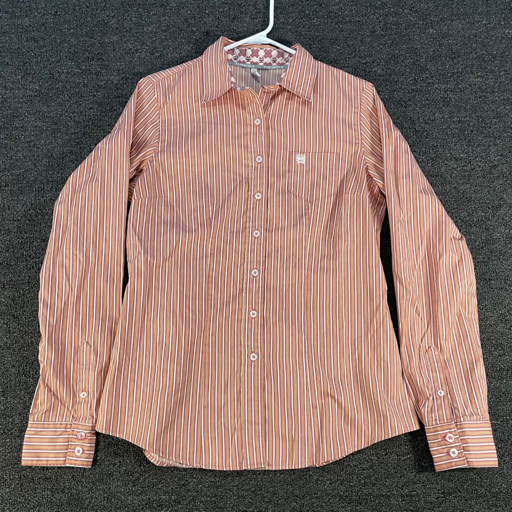 Cinch Striped Button Down Shirt Womens L Orange White Long Sleeve Good Western